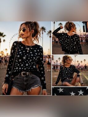 Lucy Paris Black Silver Metallic Star Print Sweater Zip Back Size Medium